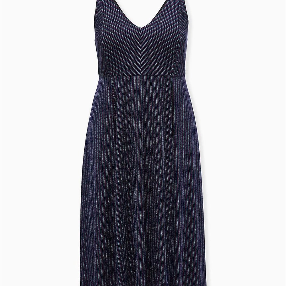 DARK BLUE & MULTI STRIPE SHIMMER MIDI SKATER DRESS